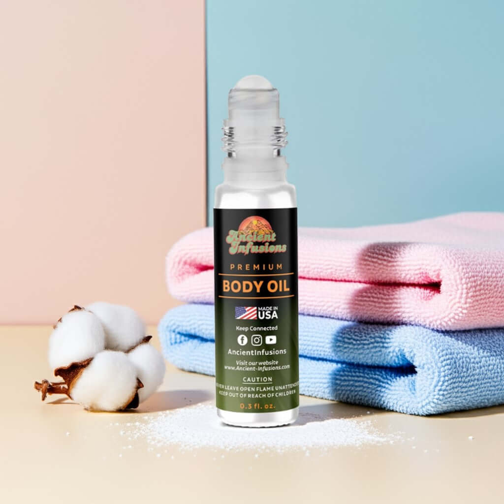Bottle of Baby Powder Body Oil roll-on with cotton and towels