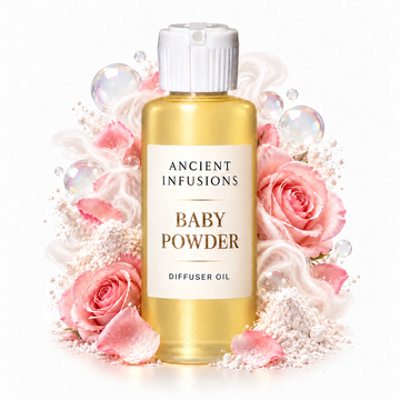 Baby Powder Diffuser Oil by Ancient Infusions with golden oil, white cap and matching scent artwork