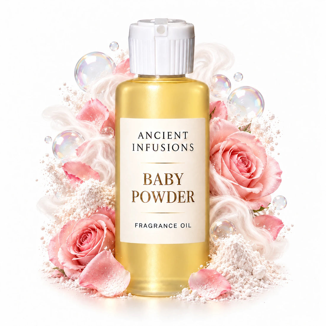 Baby Powder fragrance oil by Ancient Infusions, with pale yellow oil and a tight halo representing fresh aldehydes, rose, powder.