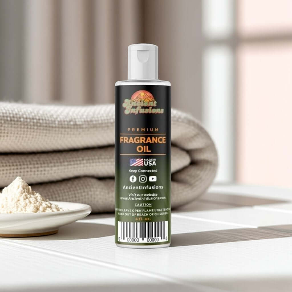 Bottle of Baby Powder Fragrance Oil on a bathroom counter with soft towel