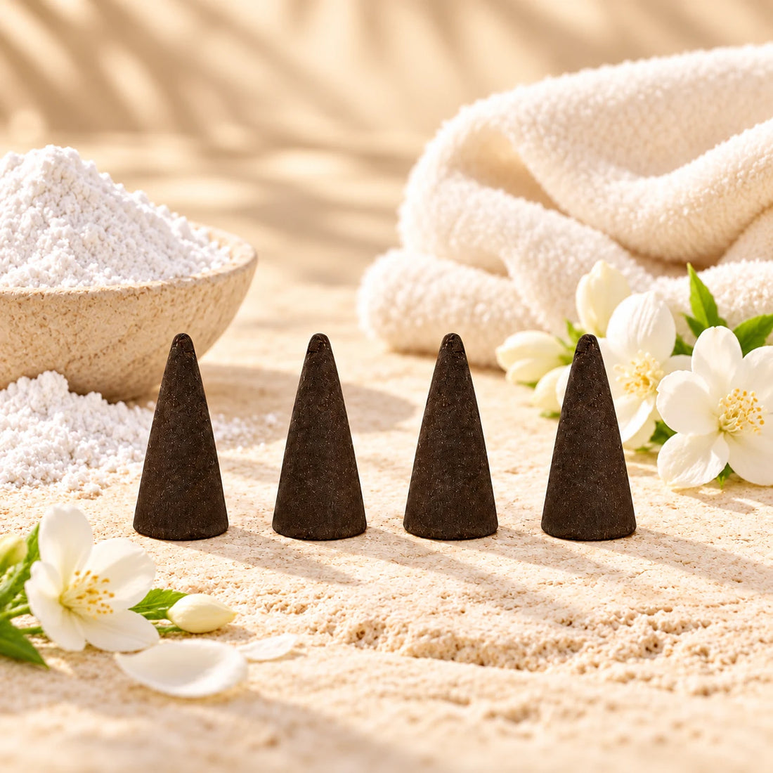 Baby Powder incense cones with white powder and flowers.
