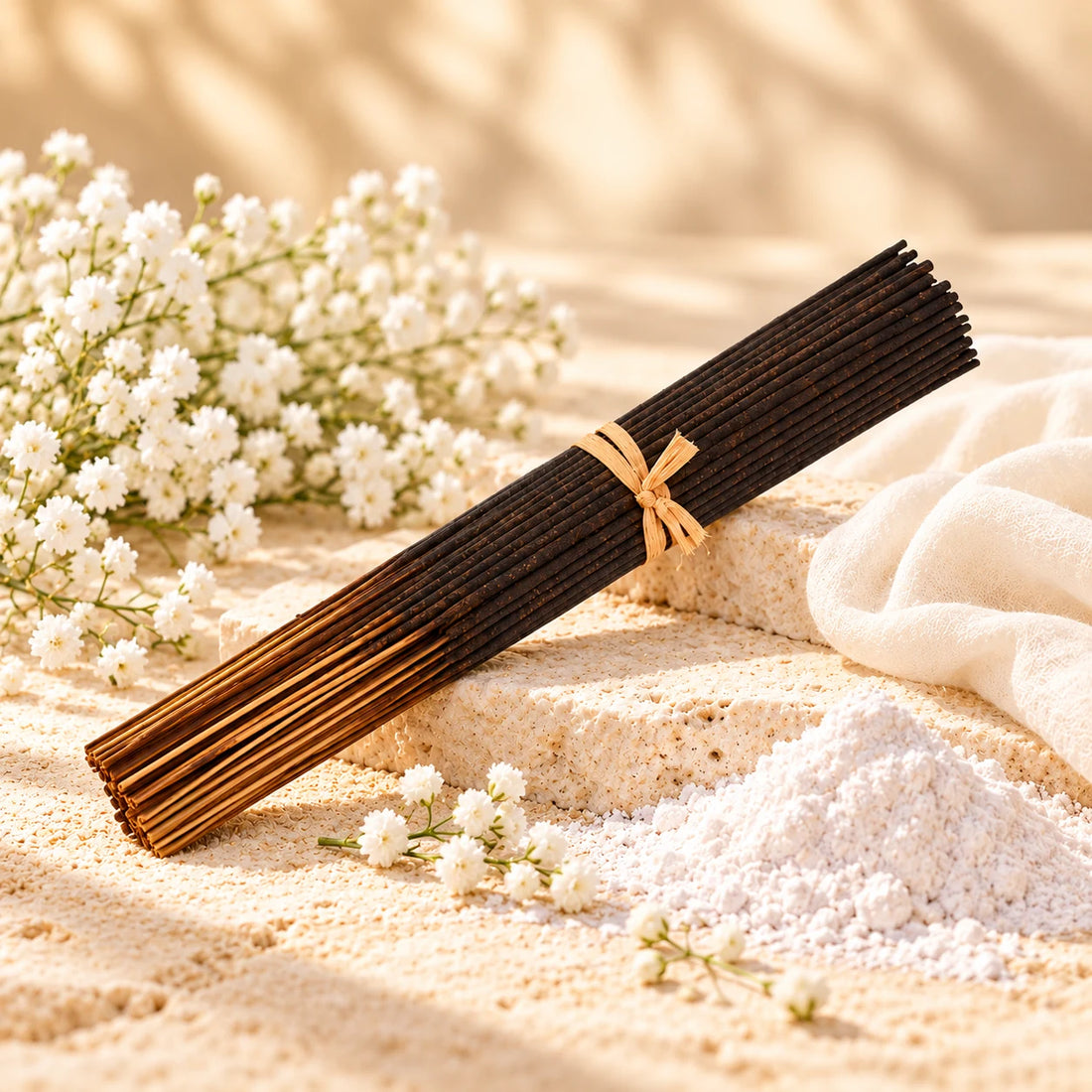 Baby Powder incense sticks with white powder and flowers.