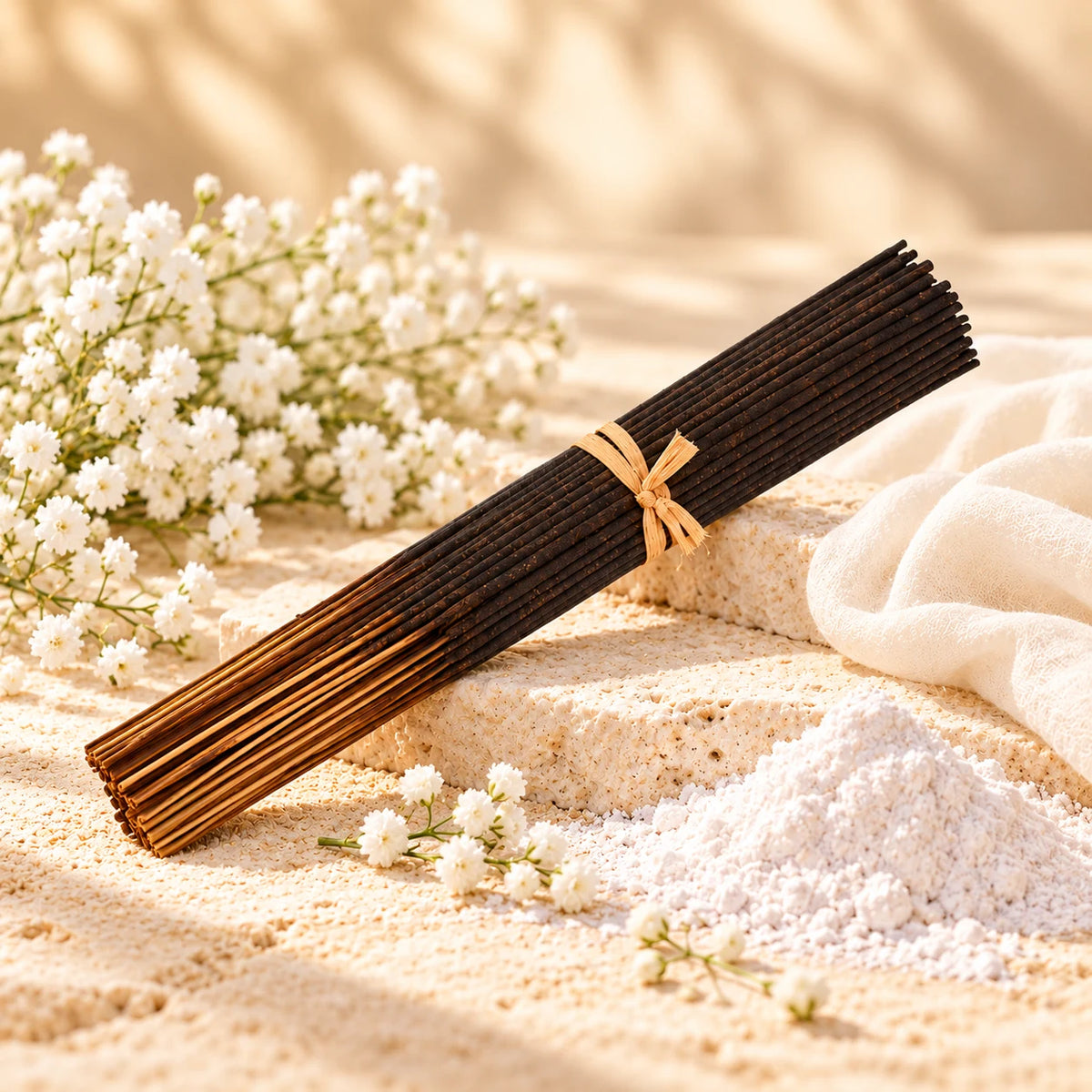 Baby Powder incense sticks with white powder and flowers.