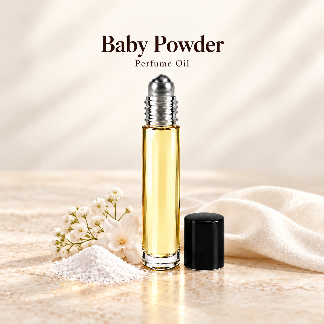 Baby Powder Perfume Oil with simple scent note accents on soft ivory