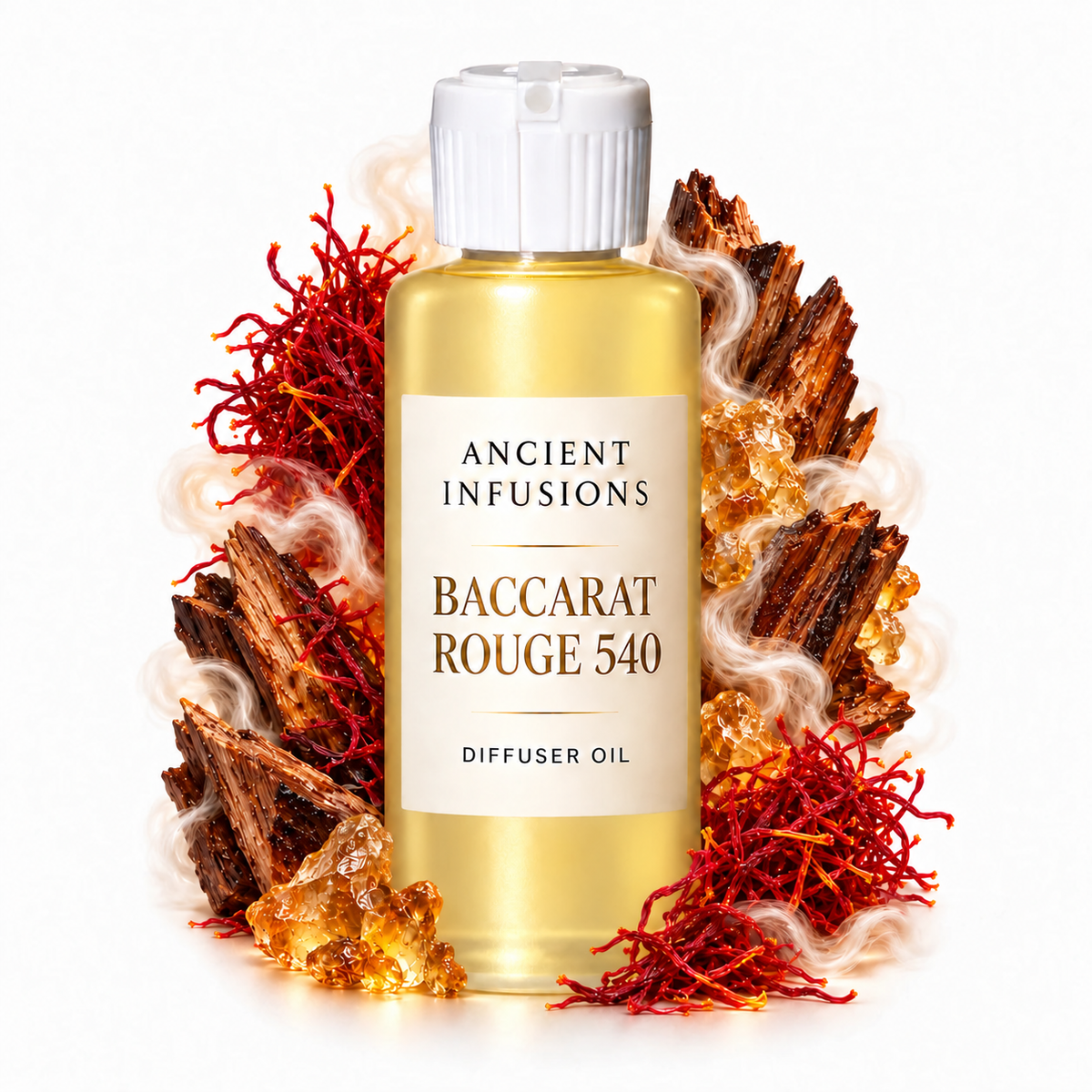 Baccarat Rouge 540 Diffuser Oil by Ancient Infusions with golden oil, white cap and matching scent artwork