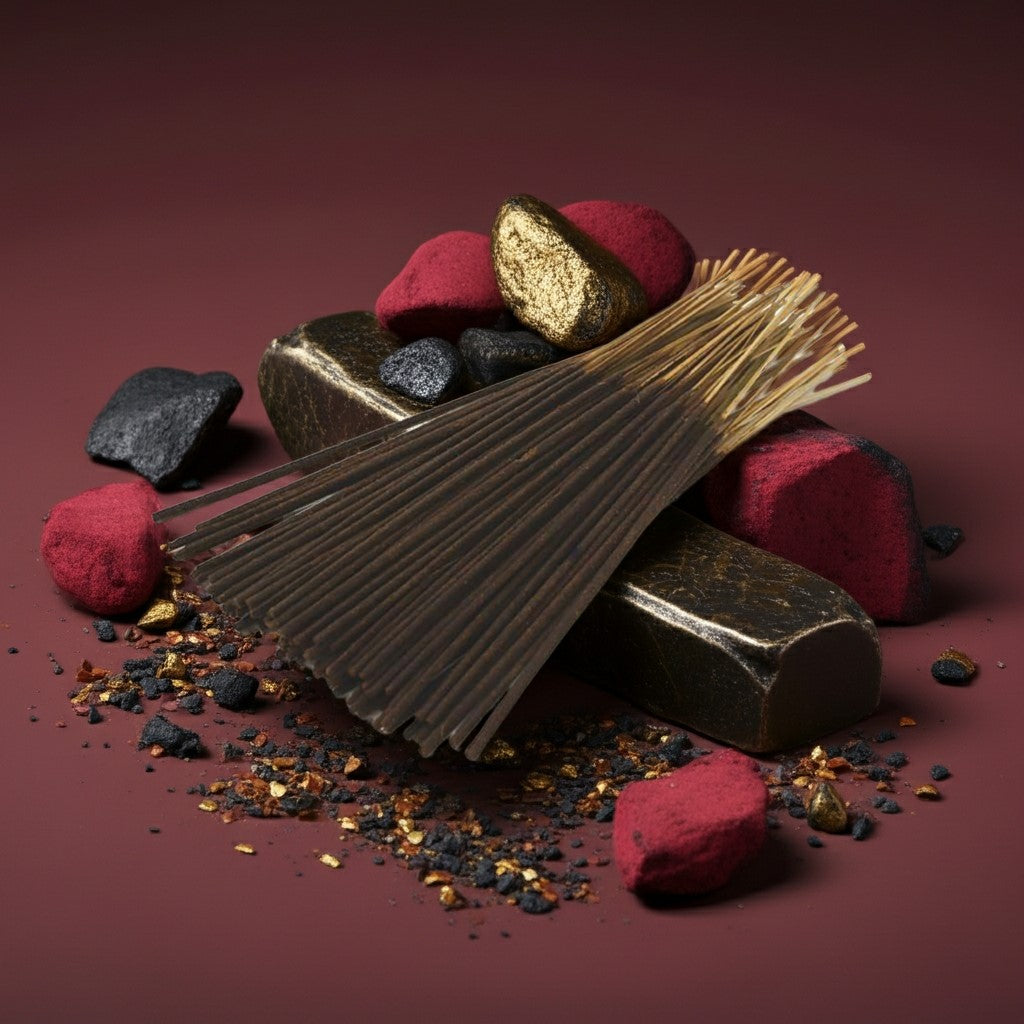 Baccarat Rouge 540 Inspired Incense Sticks with decorative stones and powders on a dark surface