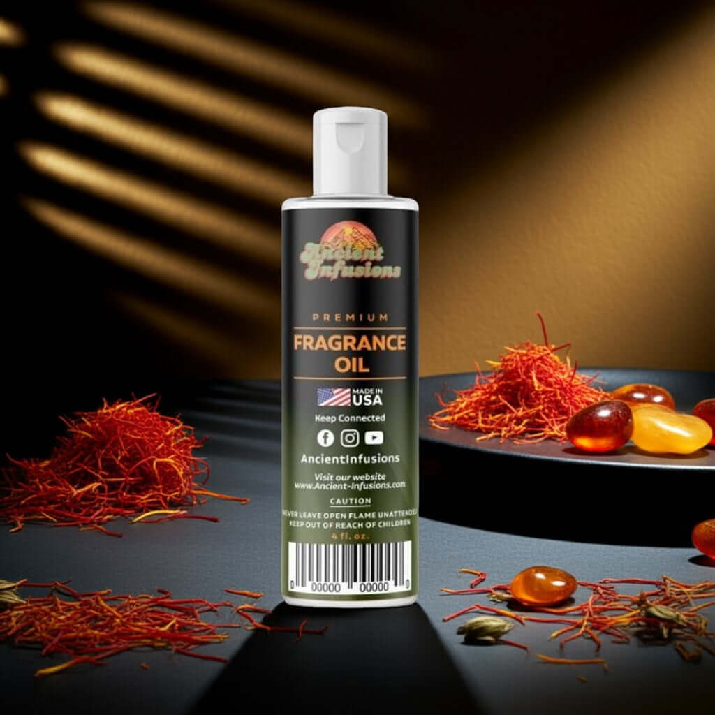 Baccarat Rouge 540 Inspired Fragrance Oil bottle with saffron and amber accents on dark background