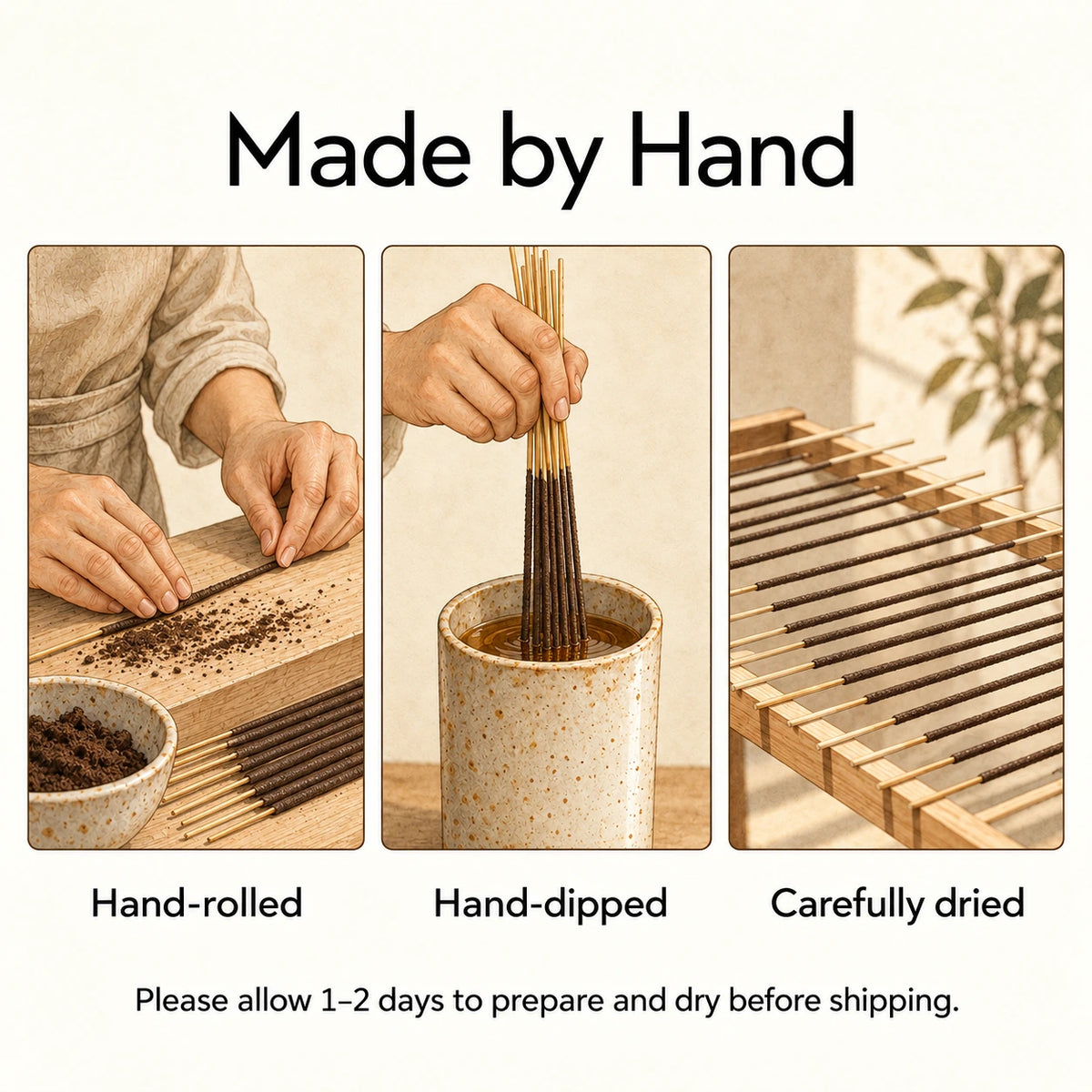 Bamboo incense sticks being hand-rolled, dipped and dried before shipping.