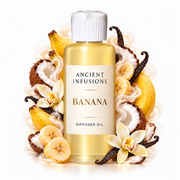 Banana Diffuser Oil by Ancient Infusions with golden oil, white cap and matching scent artwork