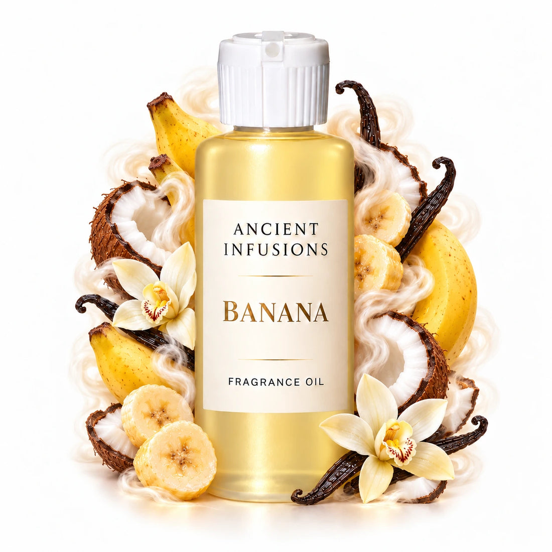 Banana fragrance oil by Ancient Infusions, with pale yellow oil and a tight halo representing ripe banana, coconut, vanilla.