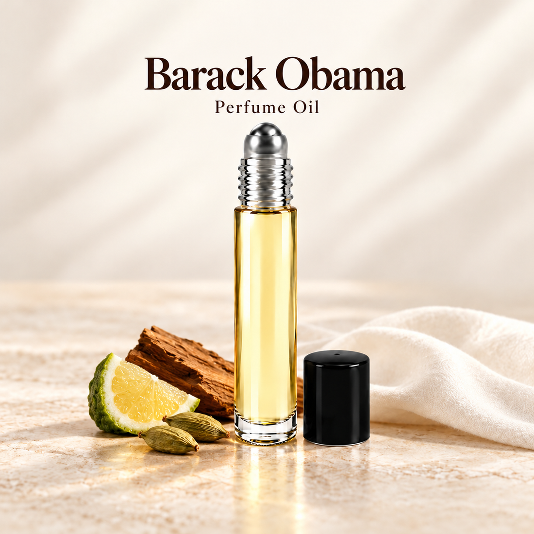 Barack Obama Perfume Oil with simple scent note accents on soft ivory