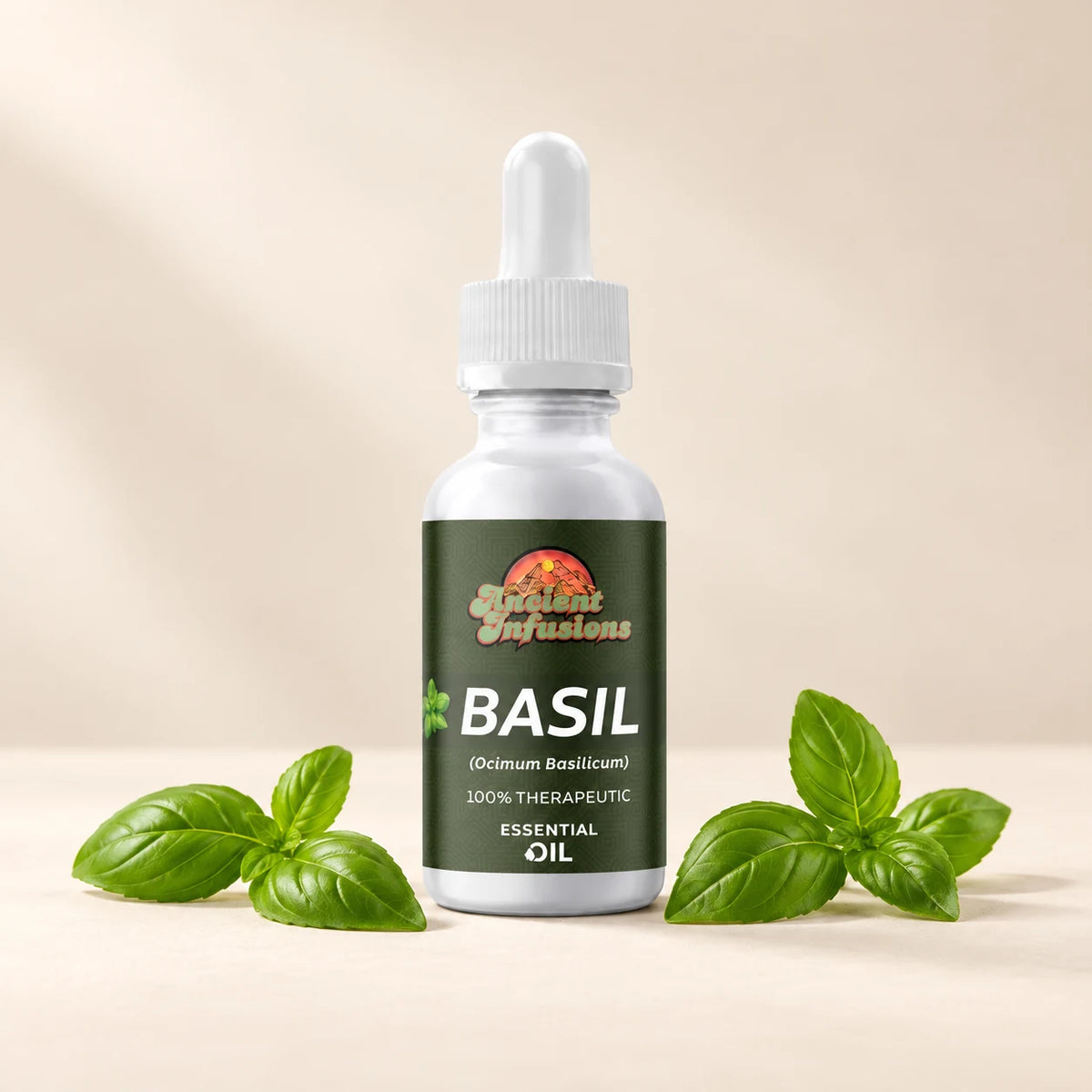Ancient Infusions Basil Essential Oil bottle with fresh basil on a soft ivory background.