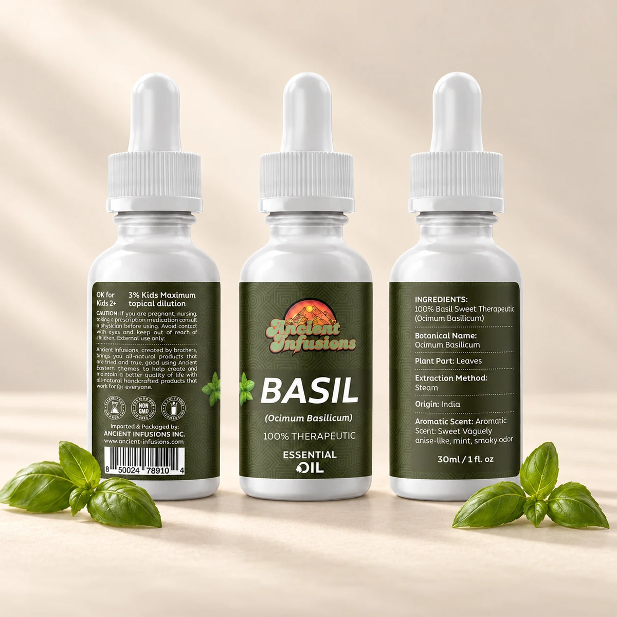 Ancient Infusions Basil Essential Oil front and side label views with fresh basil on an ivory background.