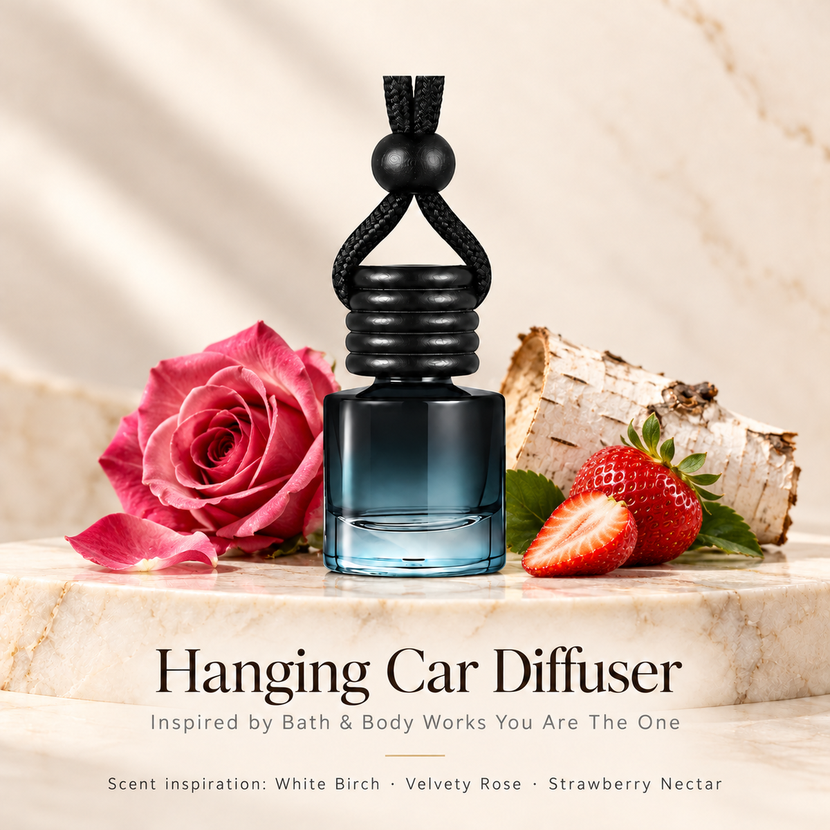 Hanging car diffuser inspired by Bath & Body Works You Are The One, with scent illustrations on warm ivory stone