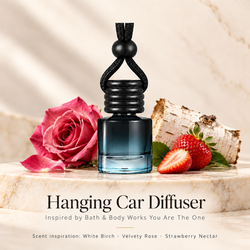 Hanging car diffuser inspired by Bath & Body Works You Are The One, with scent illustrations on warm ivory stone