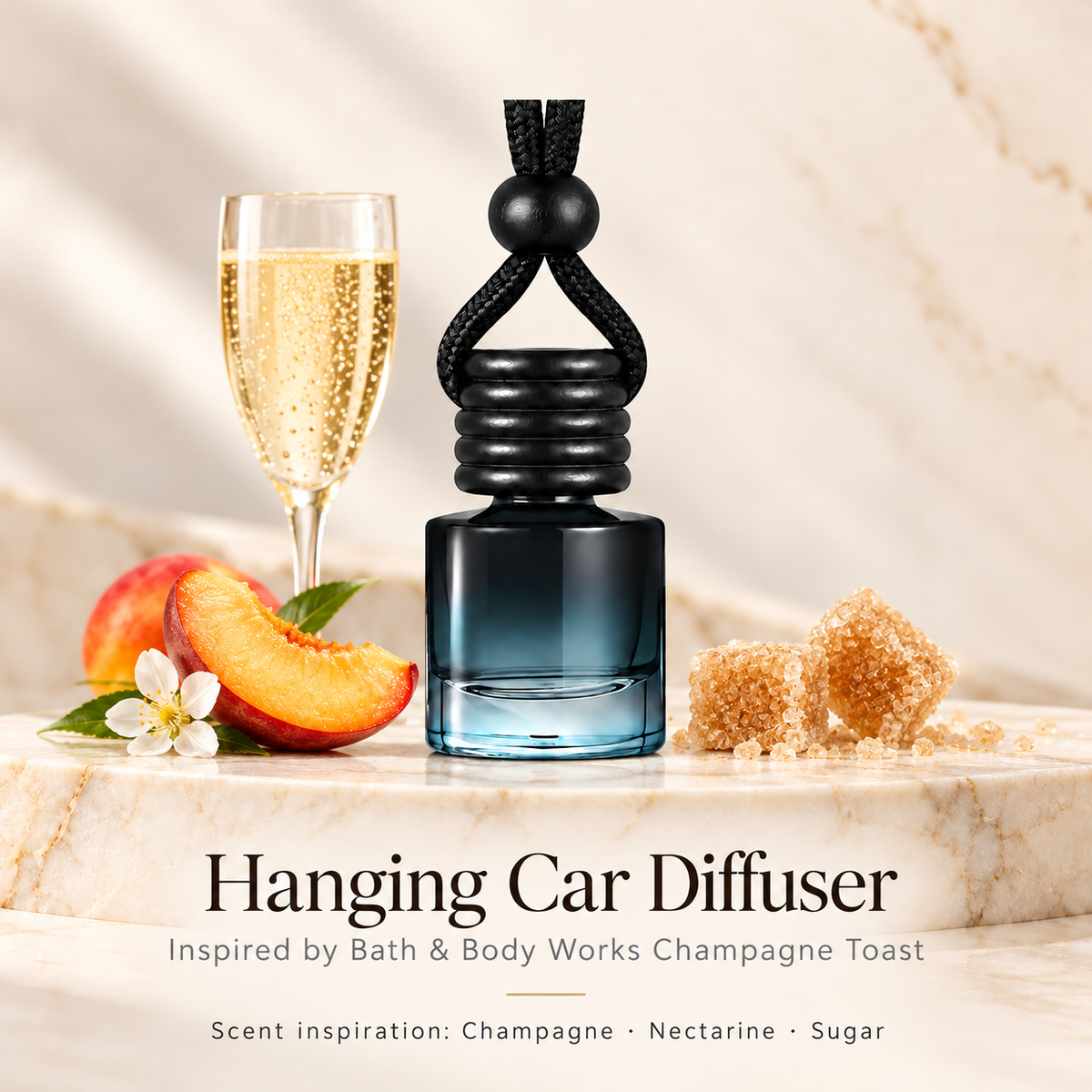 Hanging car diffuser inspired by Bath & Body Works Champagne Toast, with scent illustrations on warm ivory stone