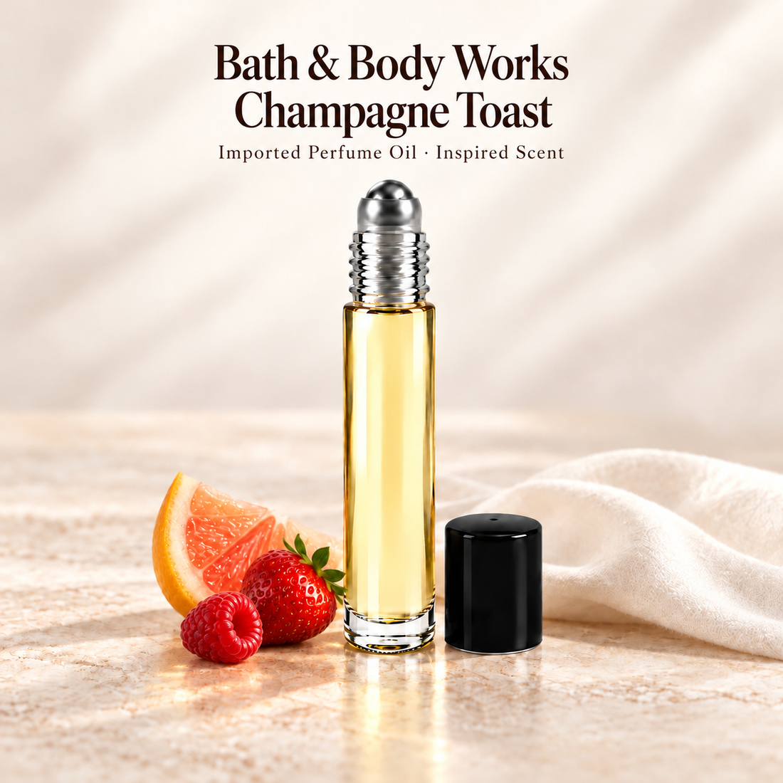 Bath & Body Works Champagne Toast Perfume Oil with minimal fragrance note accents on ivory