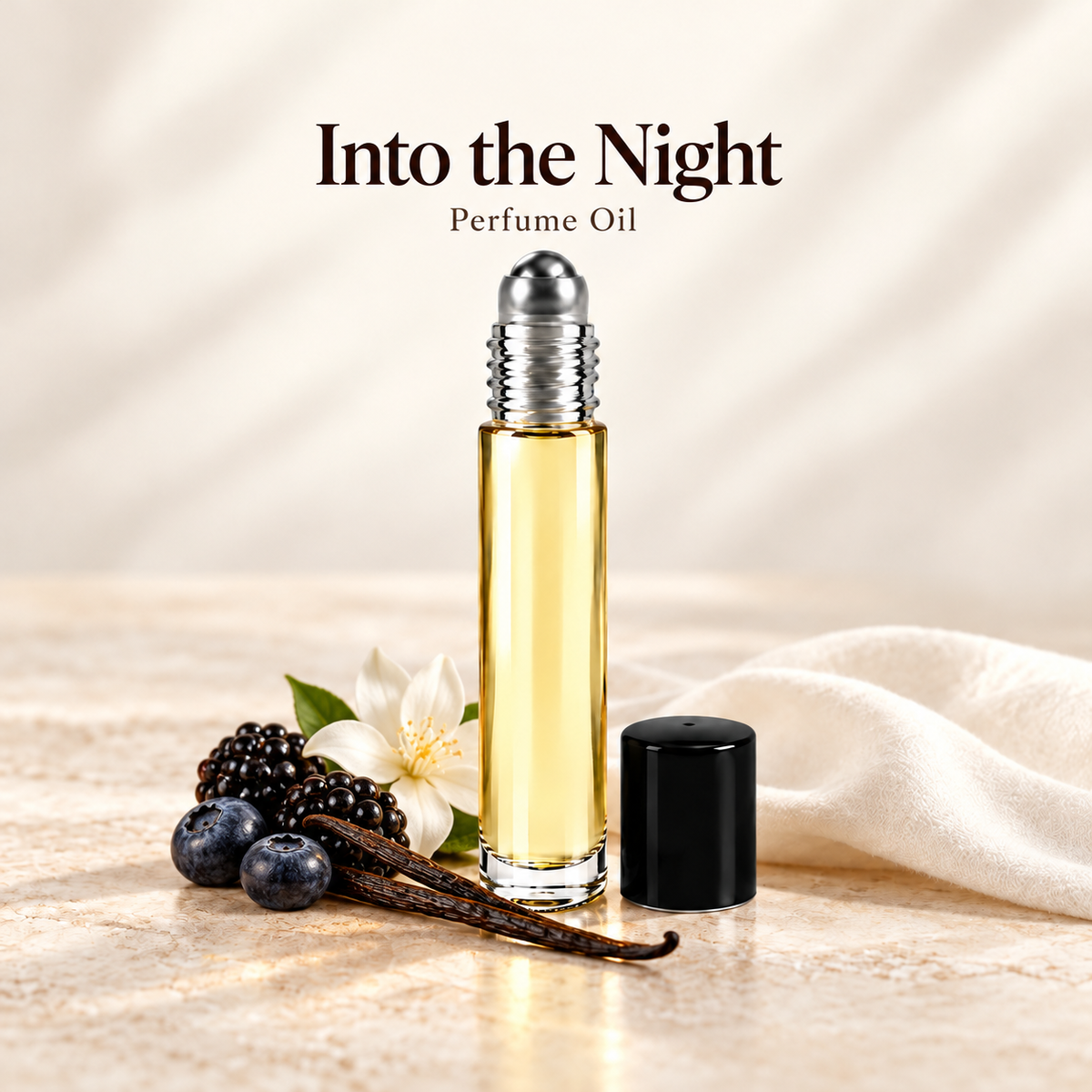 Bath & Body Works Into the Night Perfume Oil with simple scent note accents on soft ivory