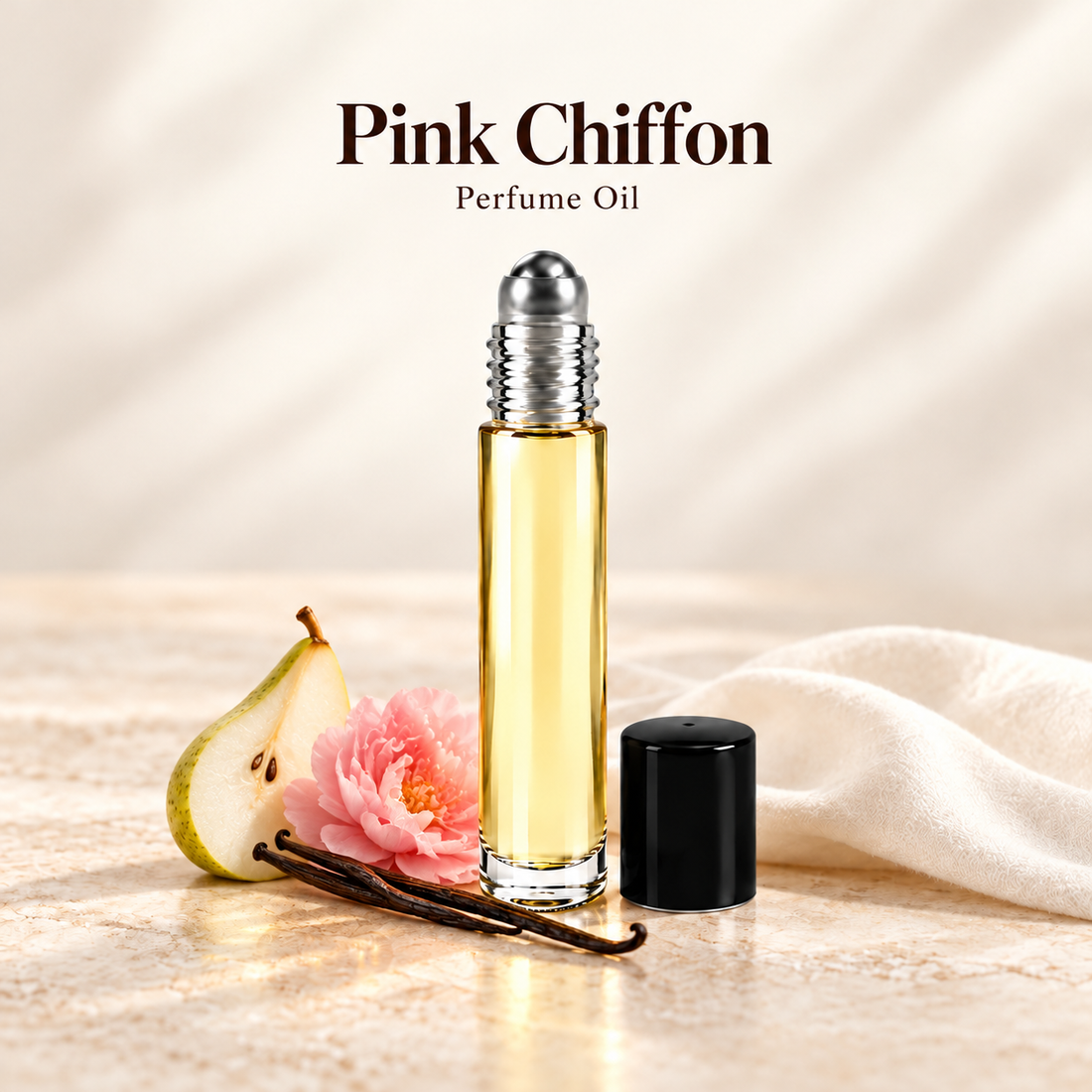 Bath & Body Works Pink Chiffon Perfume Oil with simple scent note accents on soft ivory
