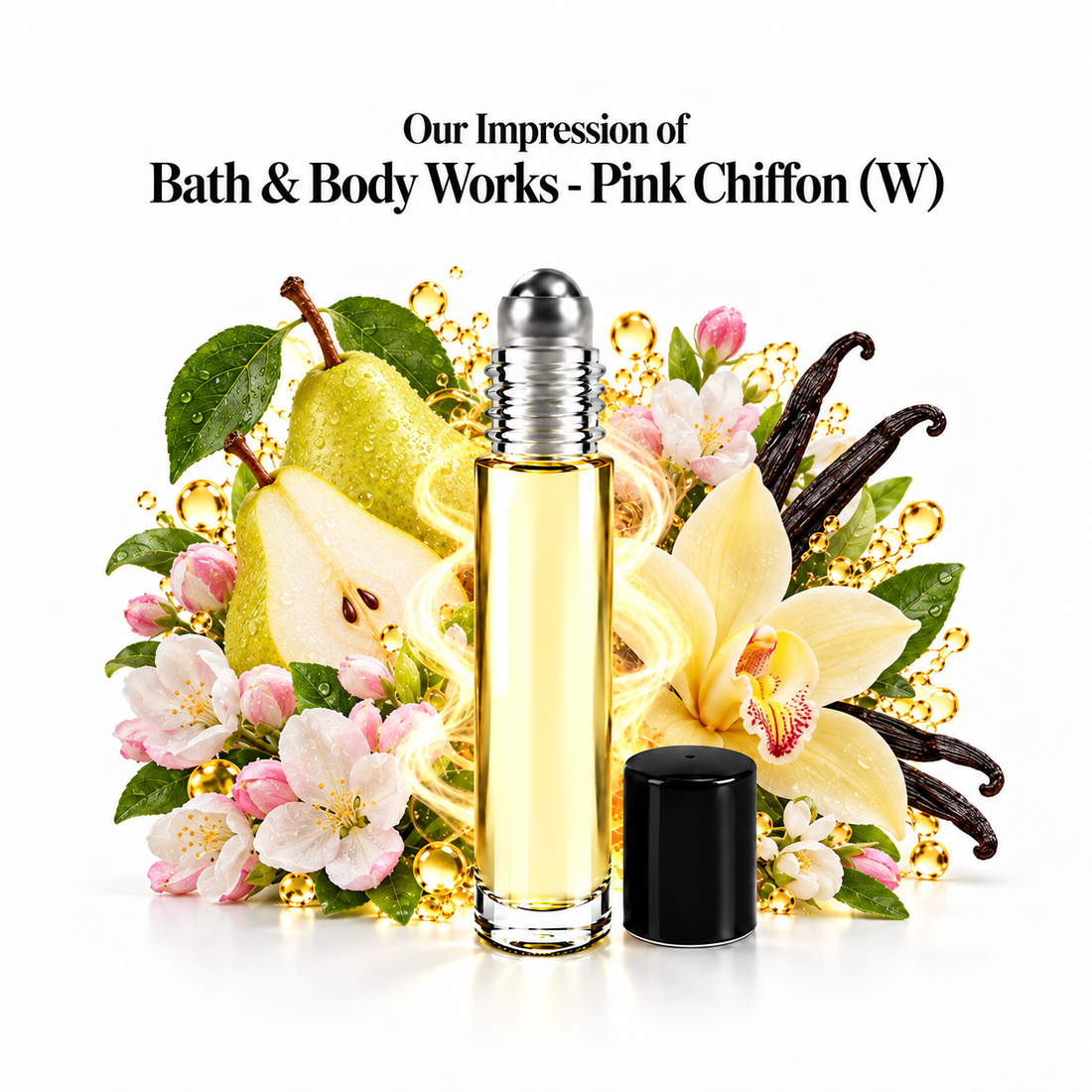 Bath & Body Works - Pink Chiffon Perfume Oil roll-on with fragrance notes on white