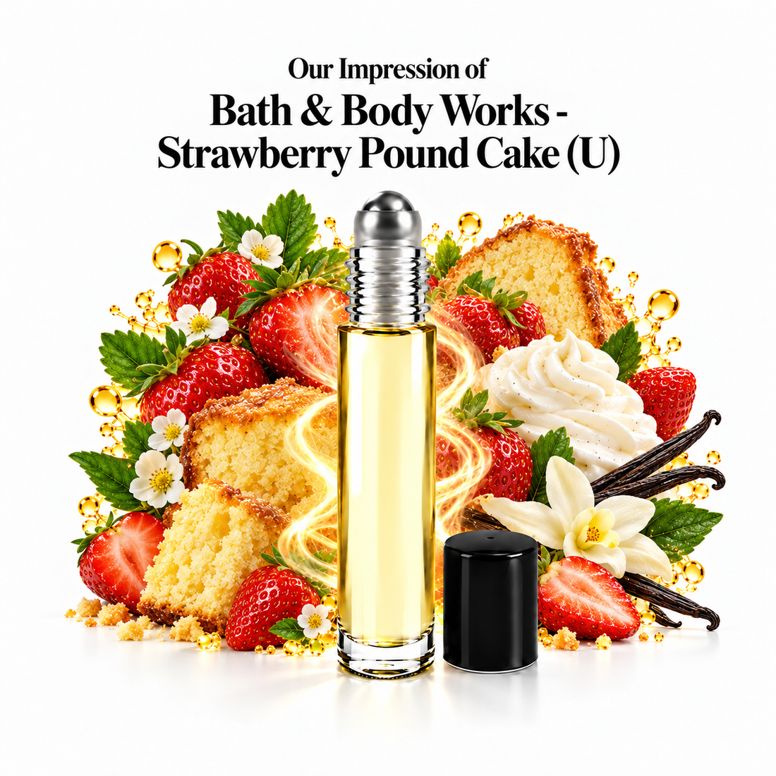 Bath & Body Works Strawberry Pound Cake Perfume Oil roll-on with scent-note imagery