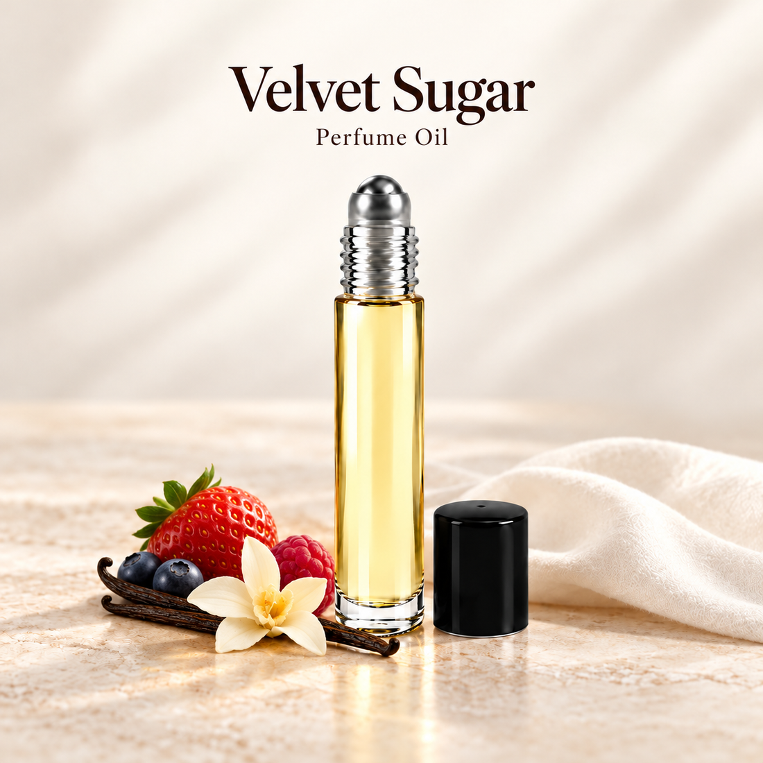 Bath & Body Works Velvet Sugar Perfume Oil with simple scent note accents on soft ivory
