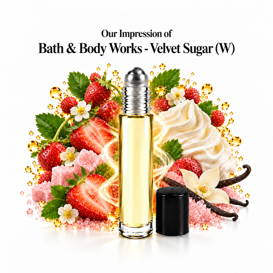 Bath & Body Works - Velvet Sugar Perfume Oil roll-on with fragrance notes on white