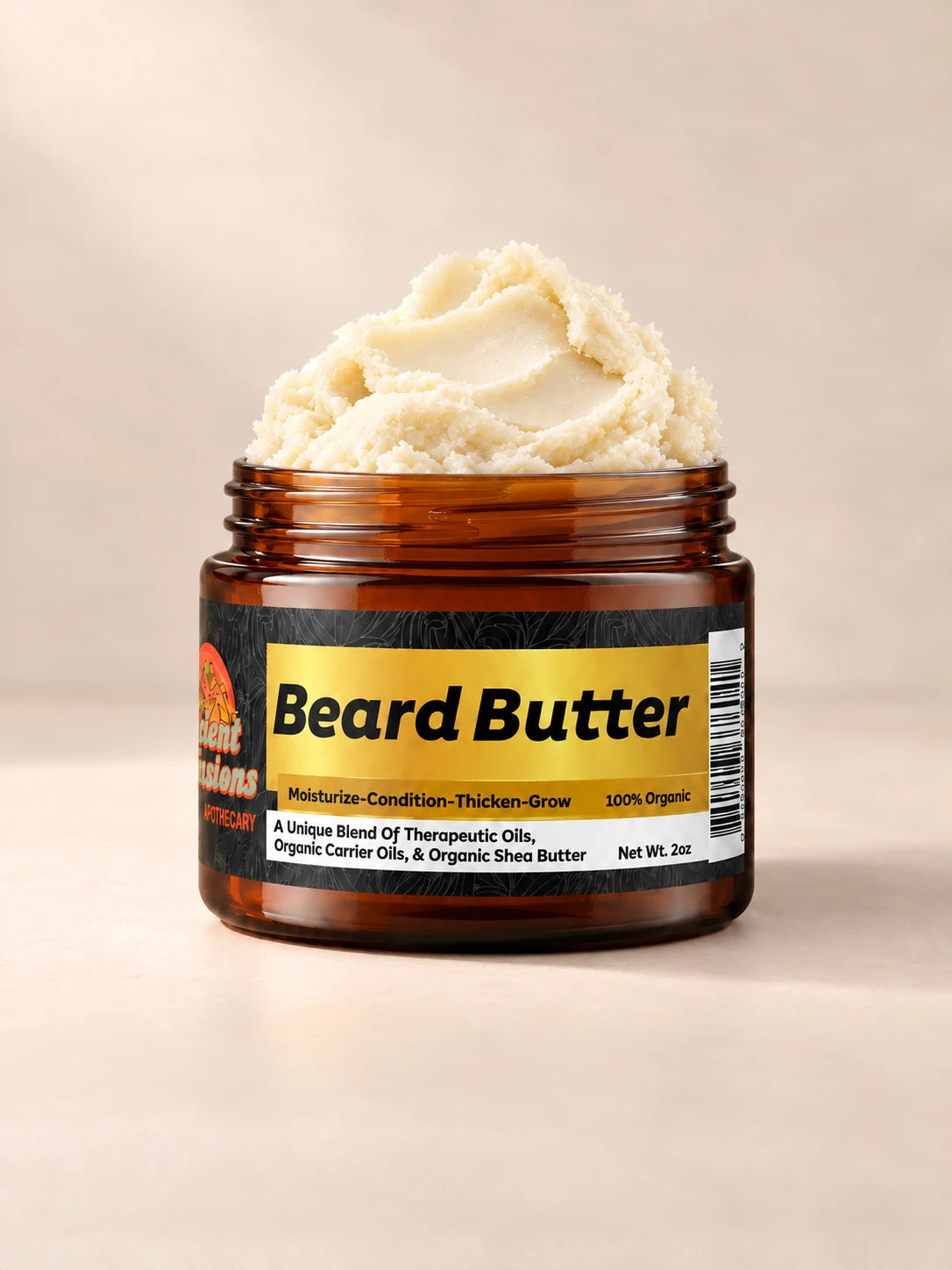 Ancient Infusions Beard Butter in an open amber jar on a warm ivory background