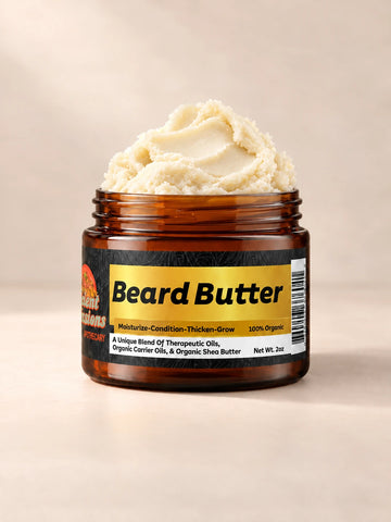 Ancient Infusions Beard Butter in an open amber jar on a warm ivory background