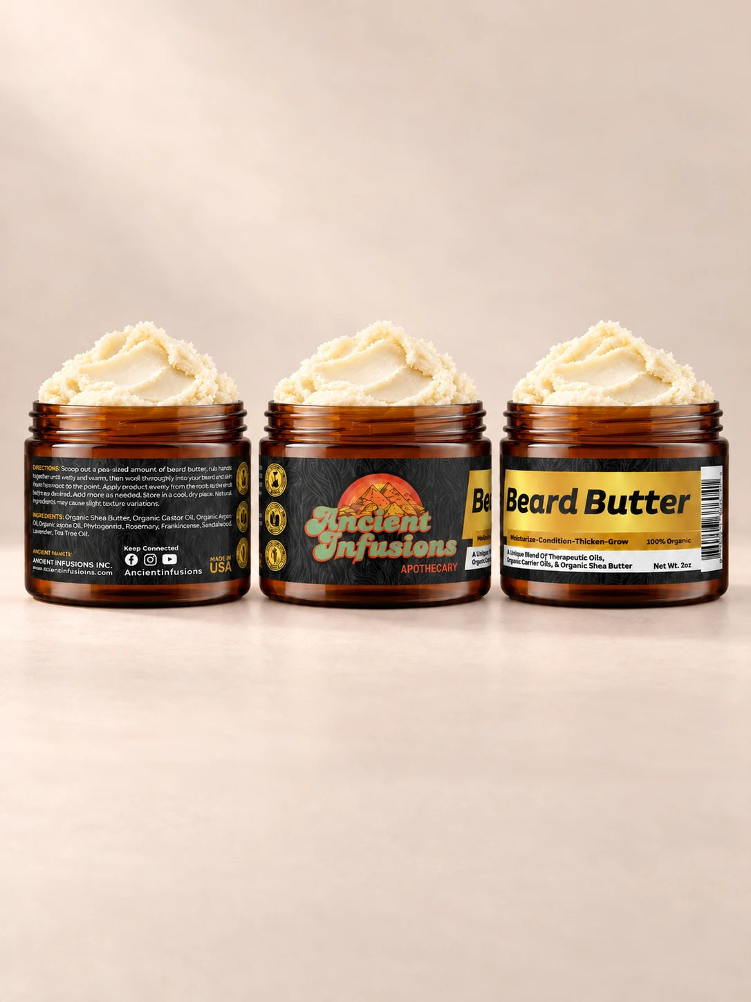 Ancient Infusions Beard Butter in an open amber jar on a warm ivory background