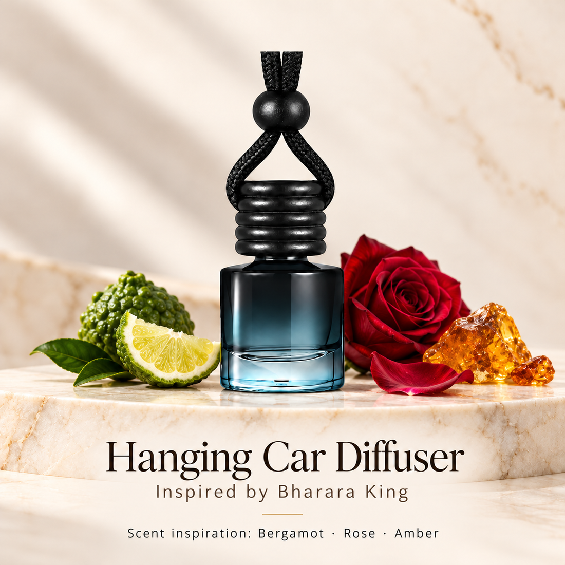 Hanging car diffuser inspired by Bharara King, with scent illustrations on warm ivory stone