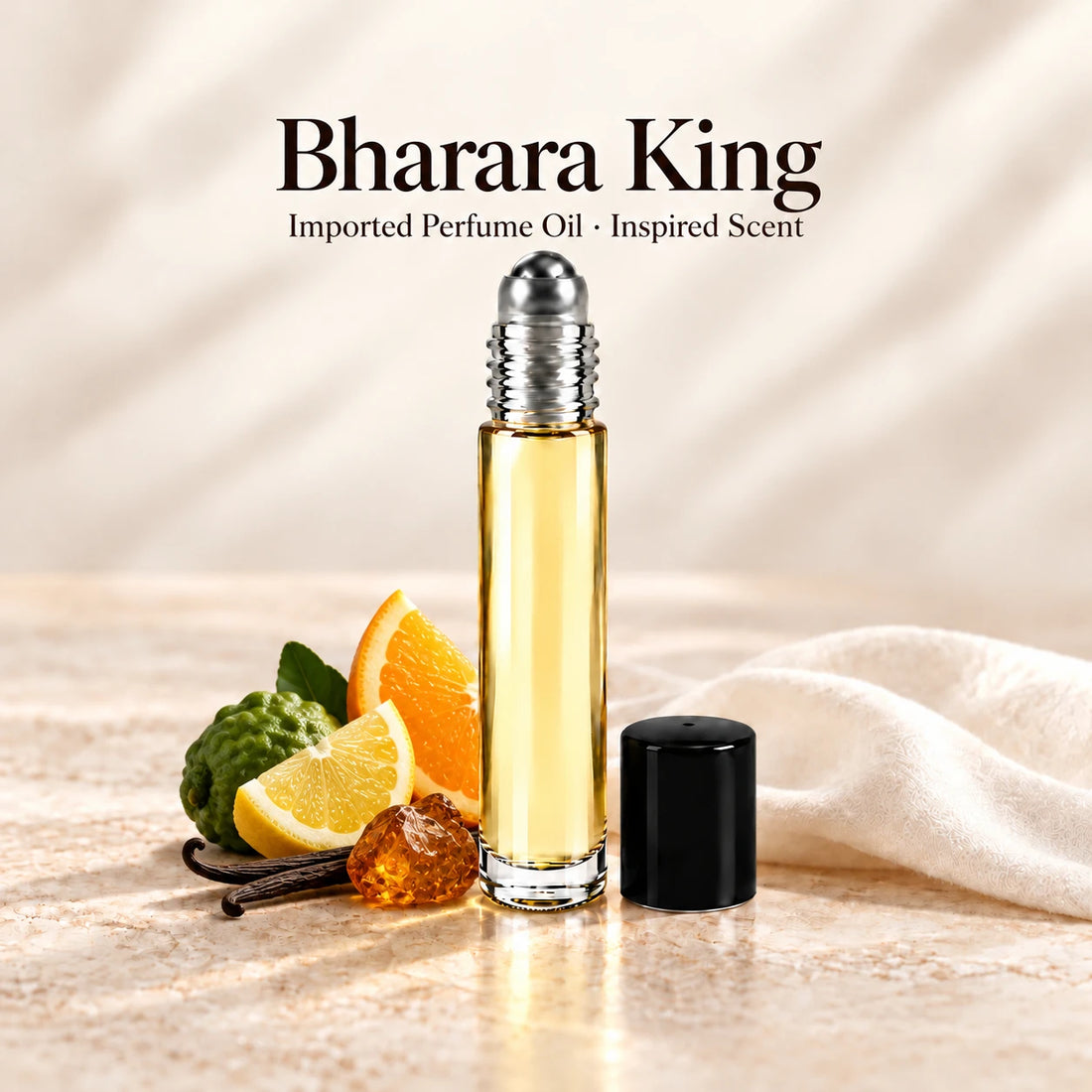 Bharara King in a slim glass roll-on bottle with a silver roller and black cap on an ivory stone surface.