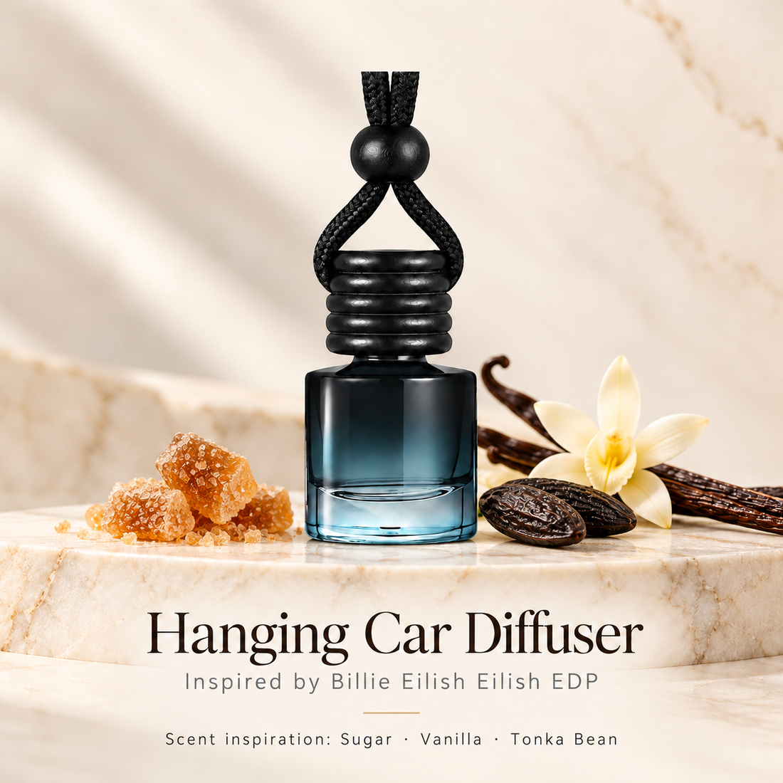 Hanging car diffuser inspired by Billie Eilish Eilish EDP, with scent illustrations on warm ivory stone