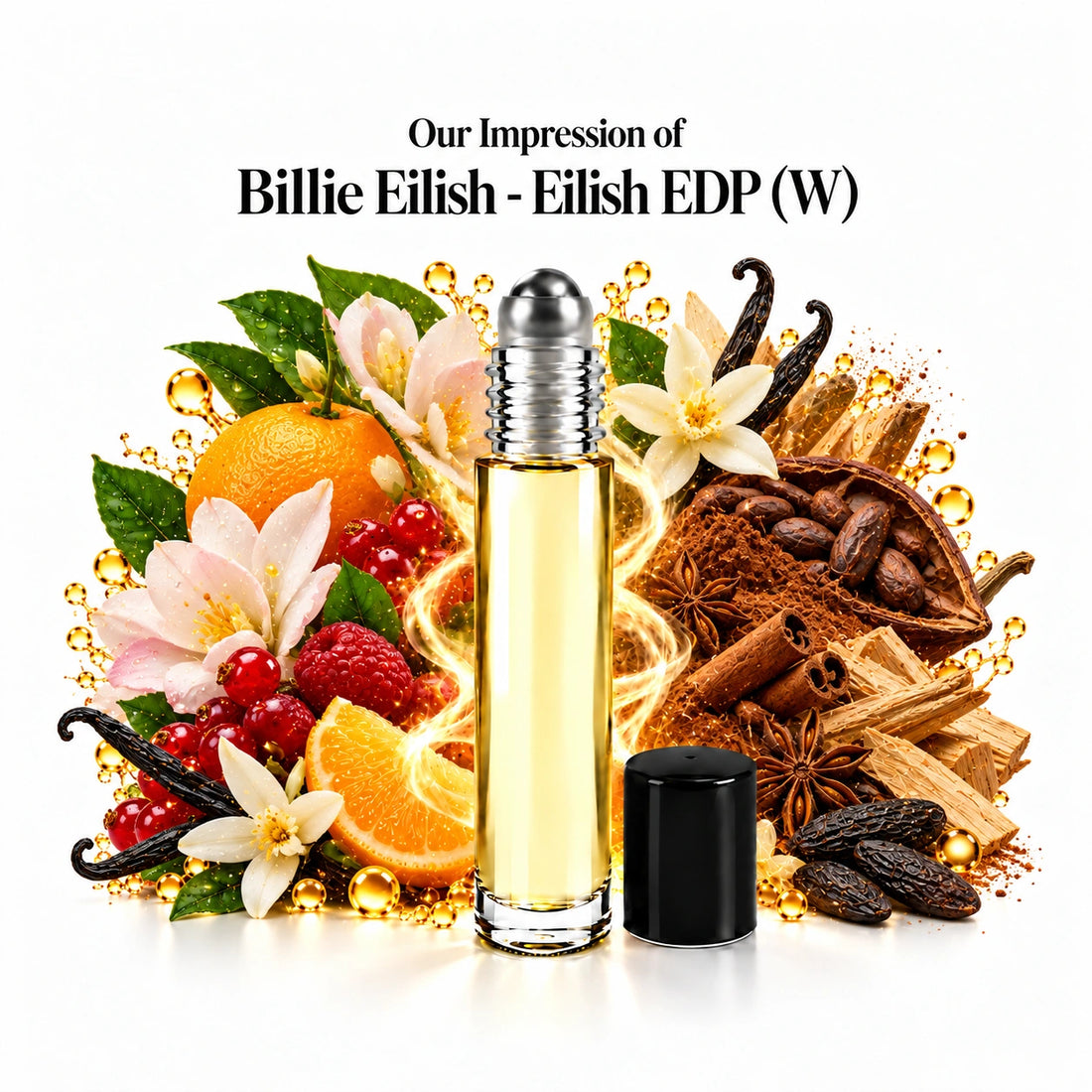Our impression of Billie Eilish Eilish perfume oil with sugared petals, mandarin, berries, vanilla, cocoa, spices, tonka and woods on white