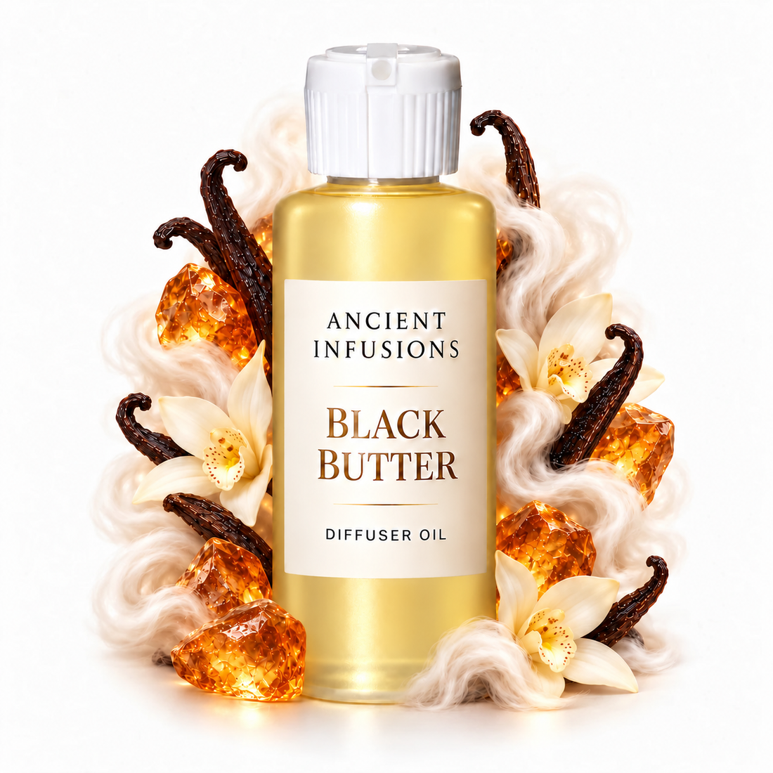 Black Butter Diffuser Oil by Ancient Infusions with golden oil, white cap and matching scent artwork