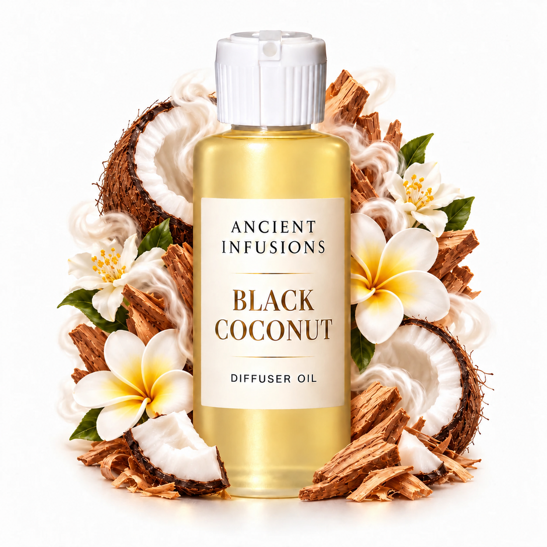 Black Coconut Diffuser Oil by Ancient Infusions with golden oil, white cap and matching scent artwork
