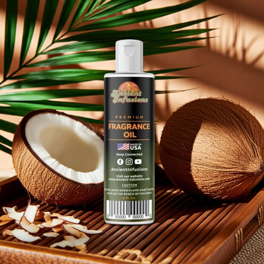 Bottle of Black Coconut Fragrance Oil on wooden table with fresh coconut halves in a tropical setting.