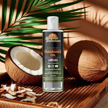 Bottle of Black Coconut Fragrance Oil on wooden table with fresh coconut halves in a tropical setting.