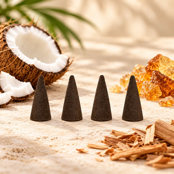 Black Coconut incense cones surrounded by coconut, amber resin and sandalwood.
