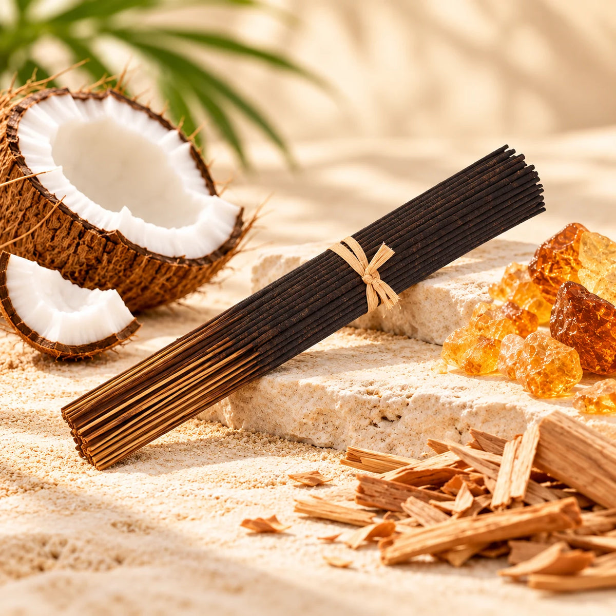 Black Coconut incense sticks with coconut, amber resin and sandalwood.
