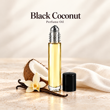 Black Coconut Perfume Oil with simple scent note accents on soft ivory