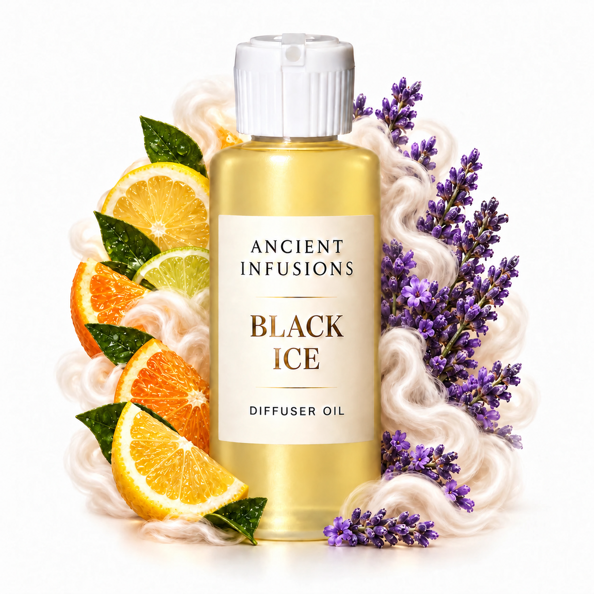 Black Ice Diffuser Oil by Ancient Infusions with golden oil, white cap and matching scent artwork