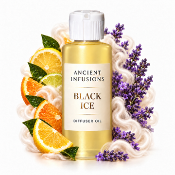 Black Ice Diffuser Oil by Ancient Infusions with golden oil, white cap and matching scent artwork