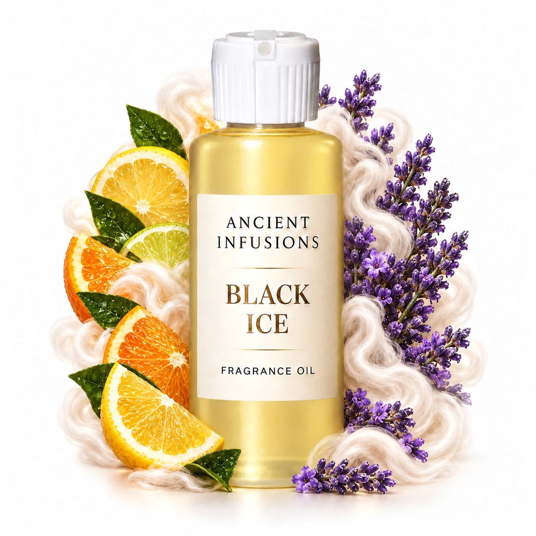 Black Ice fragrance oil by Ancient Infusions, with pale yellow oil and a tight halo representing citrus, lavender, musk.