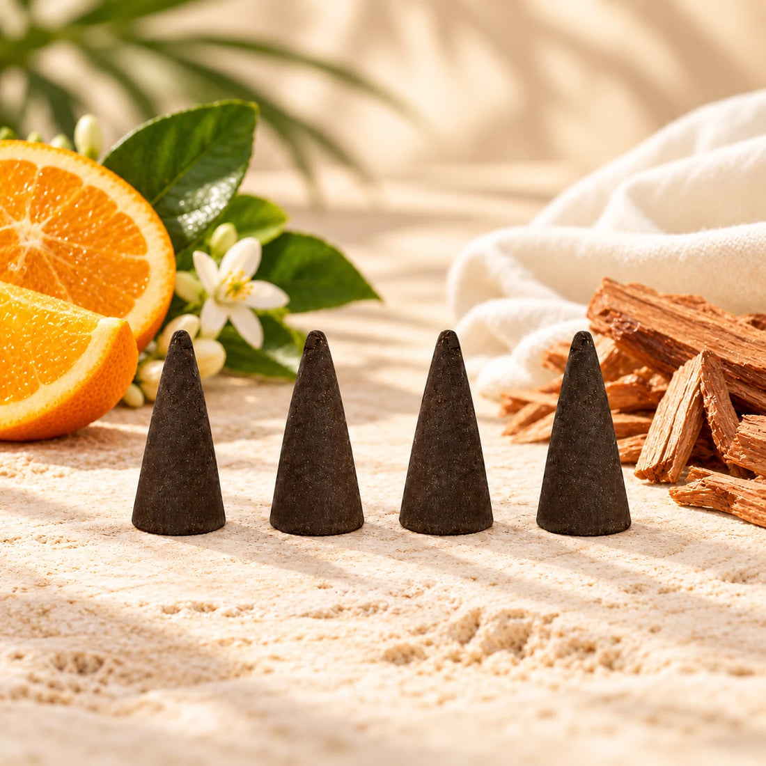 Black Ice incense cones with citrus, wood and ivory cloth.