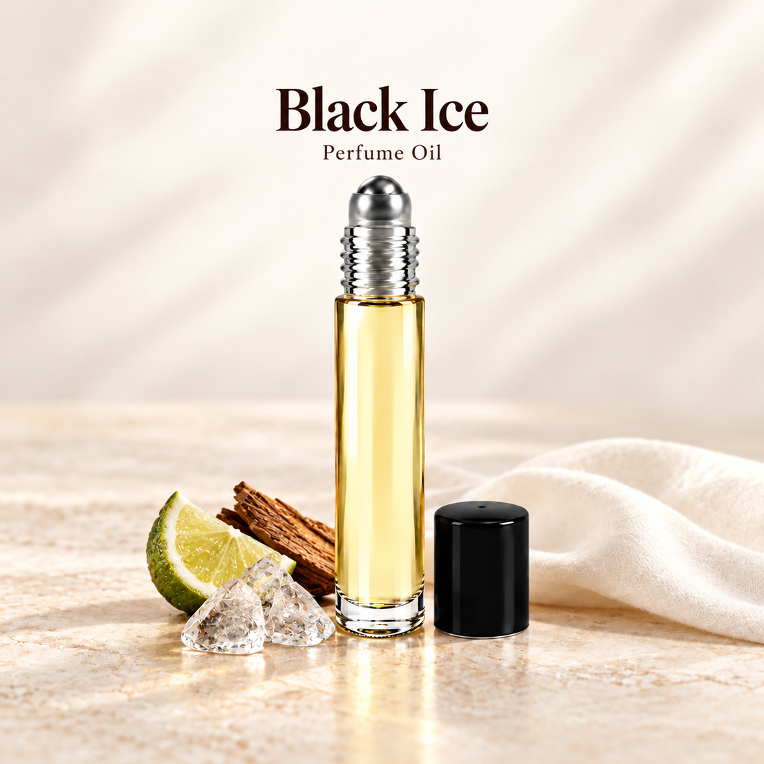 Black Ice Perfume Oil with simple scent note accents on soft ivory