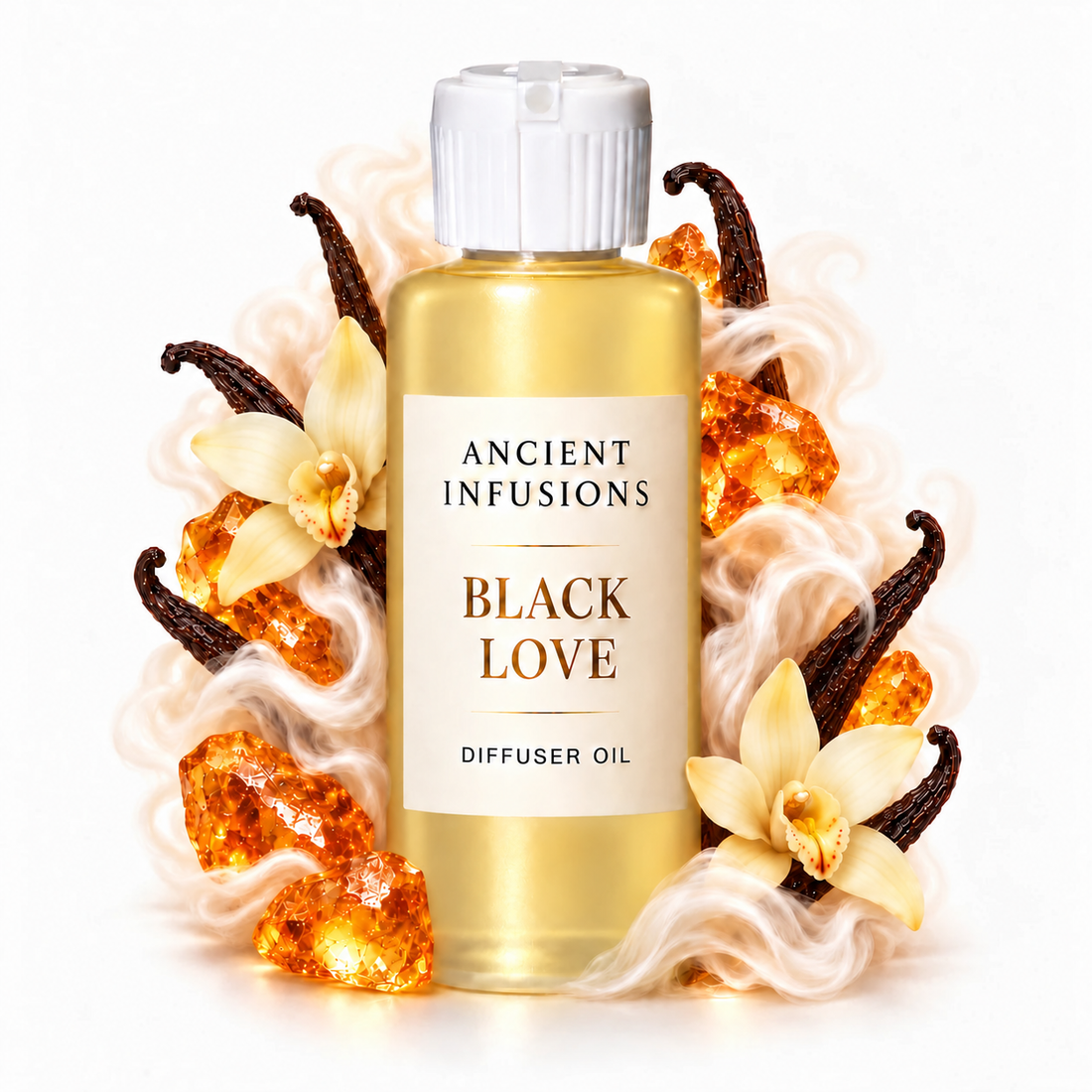 Black Love Diffuser Oil by Ancient Infusions with golden oil, white cap and matching scent artwork