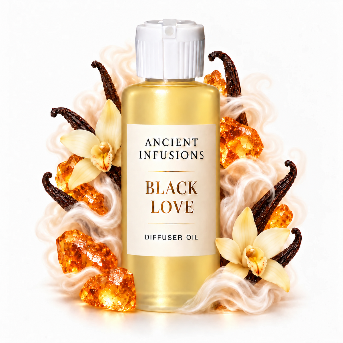 Black Love Diffuser Oil by Ancient Infusions with golden oil, white cap and matching scent artwork