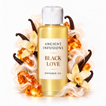 Black Love Diffuser Oil by Ancient Infusions with golden oil, white cap and matching scent artwork