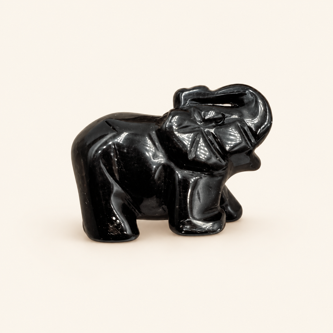 Black Obsidian Carved Elephant with deep black shine on a soft ivory background